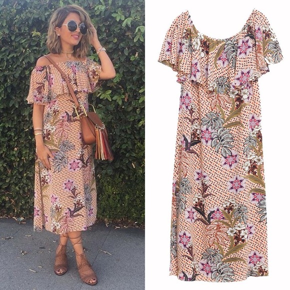 Zara Off The Shoulder Ruffle Top Floral Printed Midi Slip Dress Multi Color XS - Picture 1 of 9
